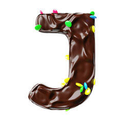 Chocolate letter J on a white background sweet chocolate hazelnut spread with multicolored dragee candies realistic 3D render