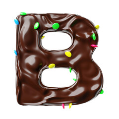 Chocolate letter B on a white background sweet chocolate hazelnut spread with multicolored dragee candies realistic 3D render