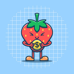 Cute strawberry character holding money coin vector illustration. Isolated fruit concept. Flat cartoon style.