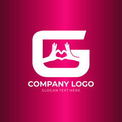 G letter logo with heart icon, Two hands making heart sign valentines day love concept