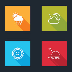 Set Cloud with rain and sun, moon stars, Sun and Sunset icon. Vector