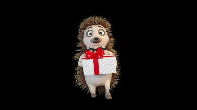 Hedgehog dancing with a gift around him