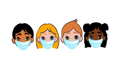 illustration of ethnically diverse children wearing surgical masks 