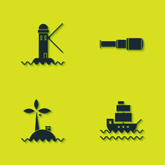 Set Lighthouse, Ship, Tropical island in ocean and Spyglass telescope lens icon. Vector