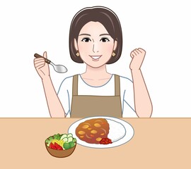 食べ物を食べている主婦のイラスト