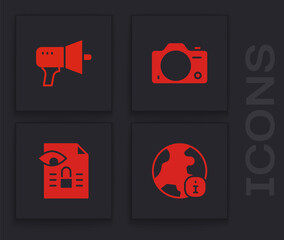 Set World news, Megaphone, Photo camera and Journalistic investigation icon. Vector