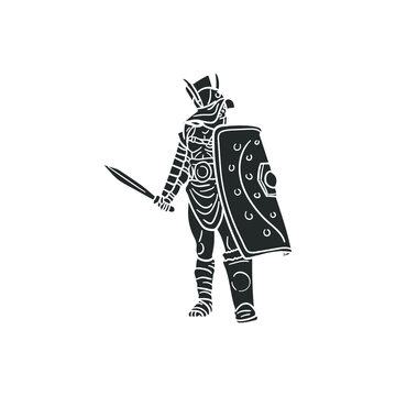 Roman Gladiator Icon Silhouette Illustration. Coliseum Warrior Vector Graphic Pictogram Symbol Clip Art. Doodle Sketch Black Sign.