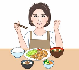 食べ物を食べている主婦のイラスト