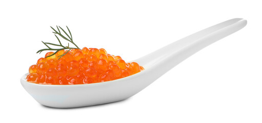 Spoon with delicious red caviar and dill isolated on white