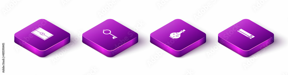 Poster set isometric chest for game, ancient key, bottle with magic elixir and video console icon. vector