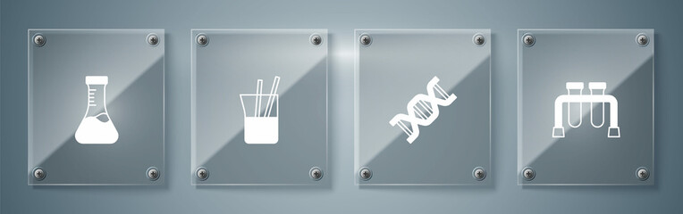 Set Test tube, DNA symbol, Laboratory glassware and . Square glass panels. Vector