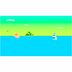 Cartoon sea background. Landscape of a tropical sea with an island and a yacht, vector illustration