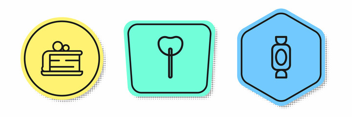 Set line Piece of cake, Lollipop and Candy. Colored shapes. Vector