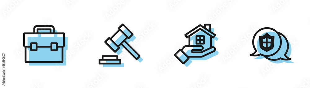 Poster set line house in hand, briefcase, judge gavel and location shield icon. vector