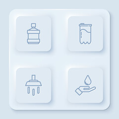 Set line Big bottle with clean water, Water filter cartridge, Shower and Washing hands soap. White square button. Vector