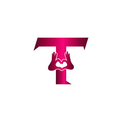 T letter logo with heart icon, Two hands making heart sign valentines day love concept