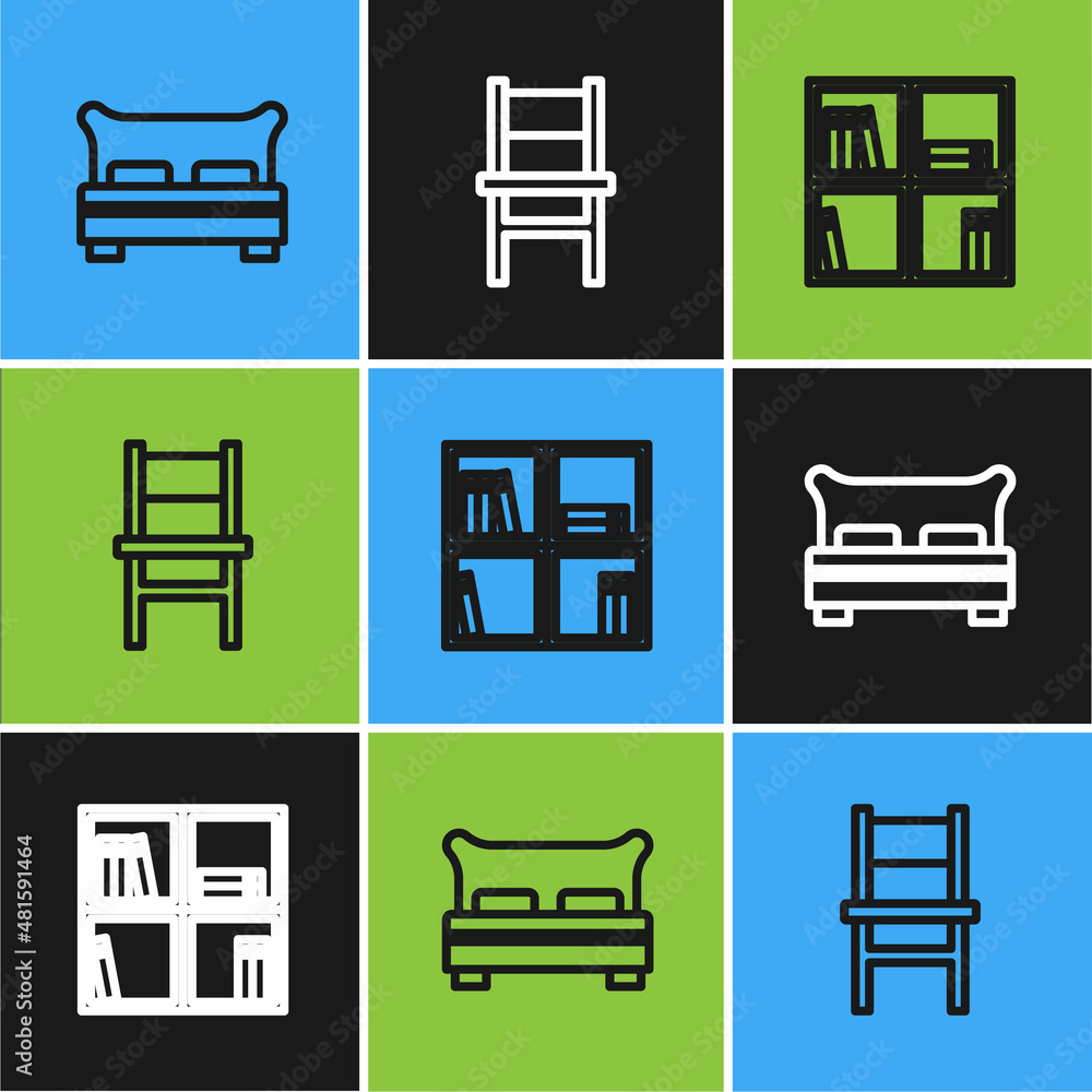 Wall mural Set line Big bed, Shelf with books and Chair icon. Vector