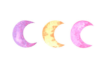 Watercolor set moons in boho style on a white background