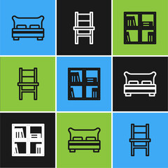 Set line Big bed, Shelf with books and Chair icon. Vector