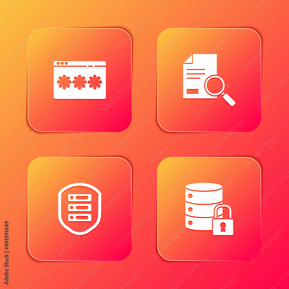 Poster set password protection, document with search, server shield and security lock icon. vector