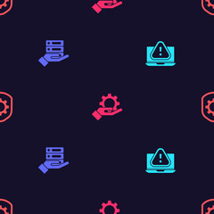 Set Laptop with exclamation mark, Server, Data, Web Hosting, Hand settings gear and Shield on seamless pattern. Vector