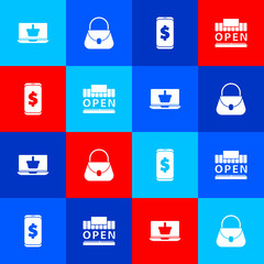 Set Shopping basket on laptop, Handbag, Smartphone with dollar and building open icon. Vector