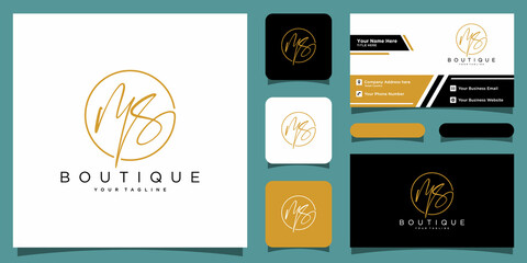 MS Initial handwriting logo vector with business card design template - obrazy, fototapety, plakaty