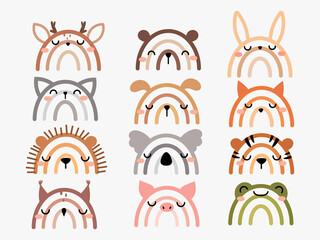 Set of cartoon animal rainbow. Collection of sweet boho rainbow baby shower or decor childrens bedroom. Perfect for clothing prints. Vector illustration on white background.  © panaceaart