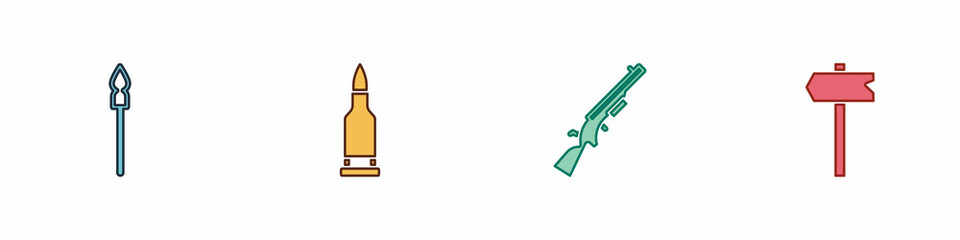 Set Medieval spear, Bullet, Shotgun and Road traffic sign icon. Vector