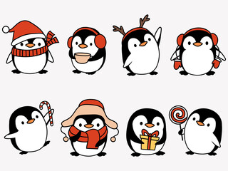 
Set of baby cute penguins. Collection of Christmas penguin in a hat and scarf. Antarctic animals. Picture for the New Year postcard. Vector illustration on a white background.