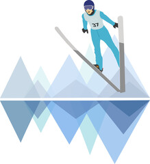 Vector illustration of a ski jumper. Abstract background. Blue flat design. - obrazy, fototapety, plakaty