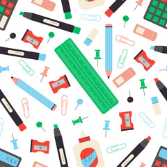 Hand drawn vector pattern back to school and education school supplies isolated on white background. Various school supplies. Sketchbook; calculator; pencil; eraser; markers; glue; paper clips; etc.