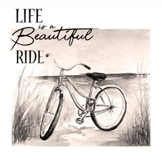 Watercolor painting of Vintage bicycle sketch. Life is a beautiful ride. Art illustration