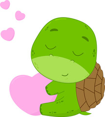 A little turtle holds a heart in his hands. Greeting card for valentine's day. Vector illustration for designs and print.