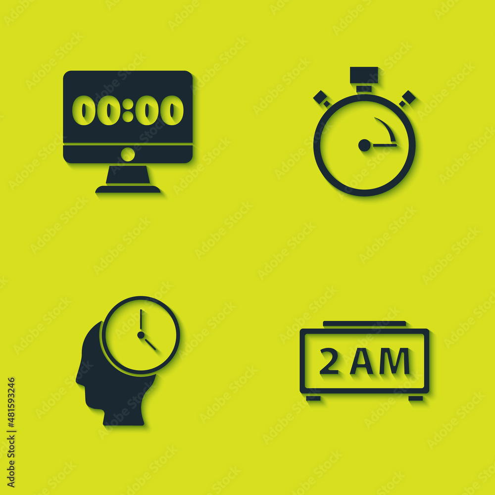 Poster set clock on monitor, digital alarm clock, time management and stopwatch icon. vector