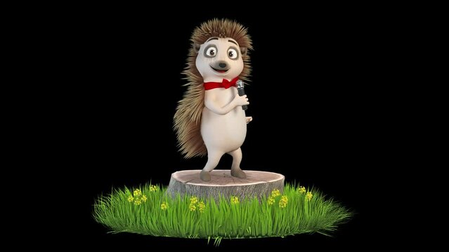 Hedgehog sings with a microphone on a stump