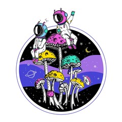 Mushrooms are like planets. Space illustration. Tattoo sketch.