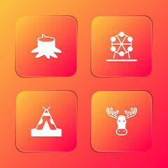 Set Tree stump, Ferris wheel, Indian teepee or wigwam and Moose head with horns icon. Vector