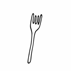 Plastic disposable fork. Cutlery for the holiday. Element for decorating a fun party. Hand drawn line vector illustration in doodle style.