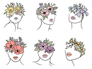 Set of female faces with flowers. Collection of woman's head with flower. Design for printing. Boot. Vector illustration isolated on white background.