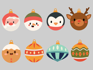 Set of Christmas decorations. Collection of Christmas tree toys. Vektor illustration of stylized decoration for New Years celebration.