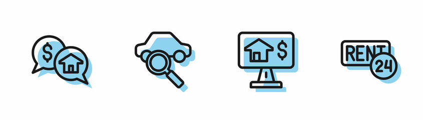 Set line Online real estate, Price negotiation, Car sharing and Rent icon. Vector