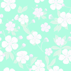 Blossoming branches of Japanese cherry on blue in a random arrangement square format. Pink Sakura texture, EPS 10, vector