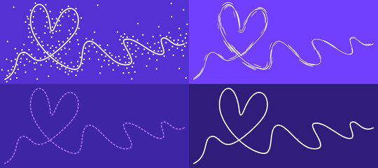Vector hearts in an abstract brush stroke design style on flat purple background color