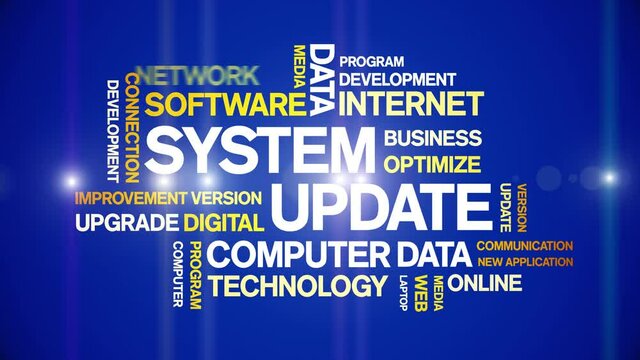 System Update animated tag word cloud;text design animation kinetic typography seamless loop.