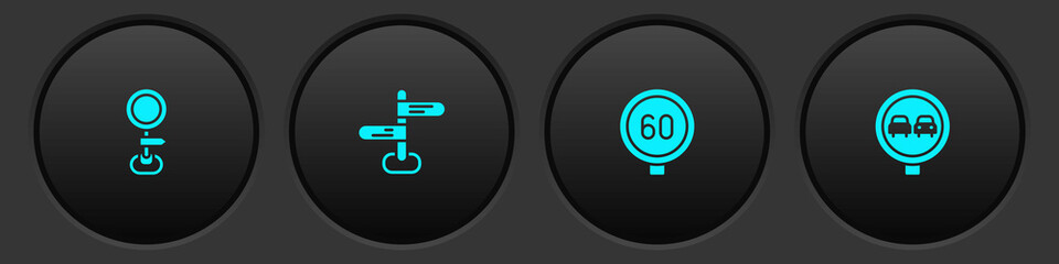 Set Road traffic sign, , Speed limit and No overtaking road icon. Vector
