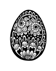 Doodle Easter egg with floral pattern. Festive spring element for design. Egg hunt. Hand drawn with black liner and marker. Illustration isolated on white background.