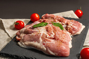 Raw turkey thigh with spices. Fresh boneless meat on a ceramic stand. Hard light, dark shadow