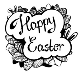 Doodle happy easter plate with eggs. Festive lettering. Hand drawn with black liner and marker. Graphic inscription. Illustration on a white background. Element for design.
