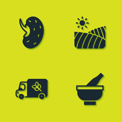 Set Seed, Mortar and pestle, Flour truck and Agriculture wheat field icon. Vector